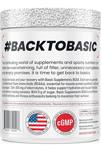 BASIC BCAA Powder, Instantized Formula with 7g BCAAs, 2:1:1 Ratio, 450mg of Electrolytes, Sugar-Free, Vegan, Gluten-Free, Supports Muscle Recovery
