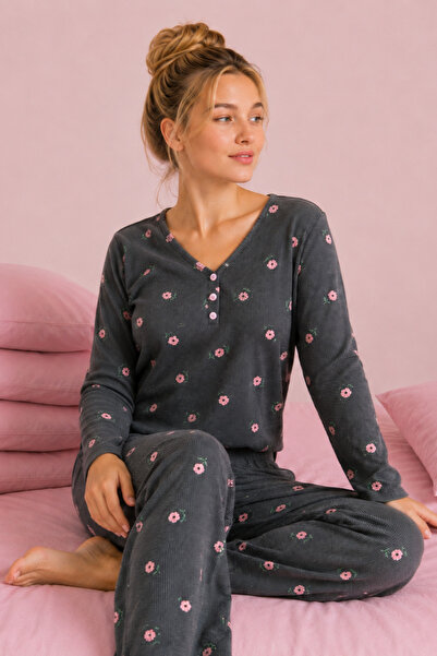 ELİTOL Waffle Örme Uzun Kollu V Yaka Kadın Pijama Takımı