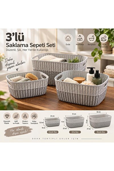 SELKA HOME 3-Piece Knitted Patterned Storage Basket – Small, Medium, Large Si...