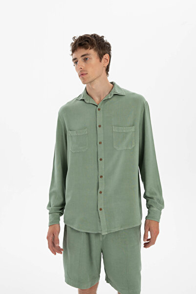 İpekçi Otantik Linen Blend Classic Men's Shirt with Pocket Detail in Moss Green