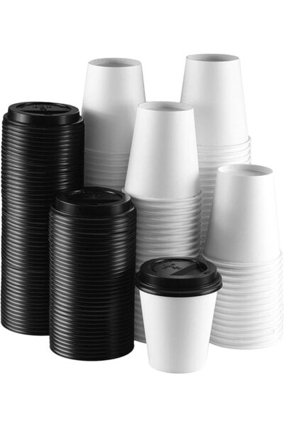NYHI 12 oz Pack of 100 Disposable Paper Cups with Lids BPA Free Hot Cold Beve...
