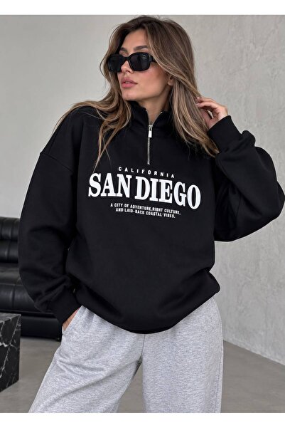 trendgar Sandıego Printed Black High-Neck Half-Zip Sweatshirt