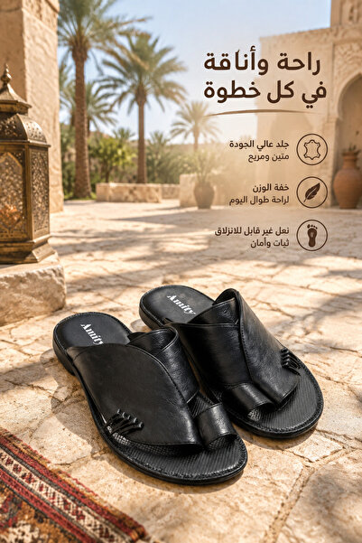 Generic Brand شباشب رجالية مفتوحة من الأمام بحلقة للقدم، جزء علوي من الجلد، ت...