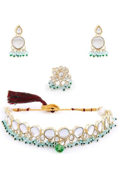 ZAVERI PEARLS طقم قلادة كوندان مرصعة بالخرز الفيروزي والأخضر مع أقراط وخاتم ل...