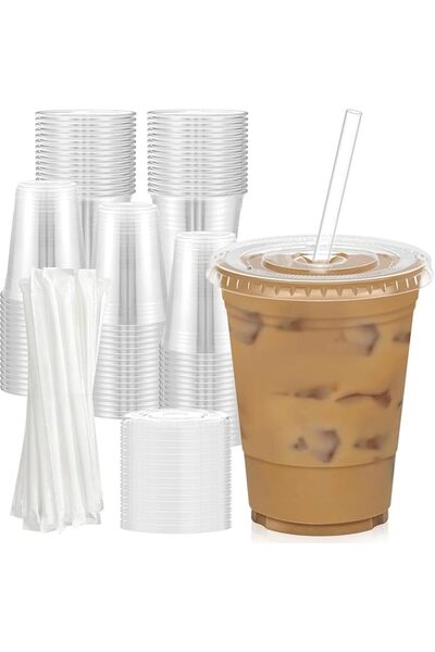 Tazweeq 100 Pack 16 oz Clear Plastic Cups with Lids and Straws, Food Safe Dis...