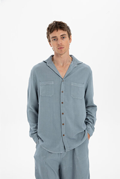 İpekçi Otantik Linen Blend Classic Men's Shirt with Pocket Detail in Ice Blue