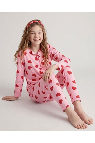 Pars E Store Taçlı Kalpli KIz Çocuk Pijama Takımı SweatDreams Pembe Kırmızı