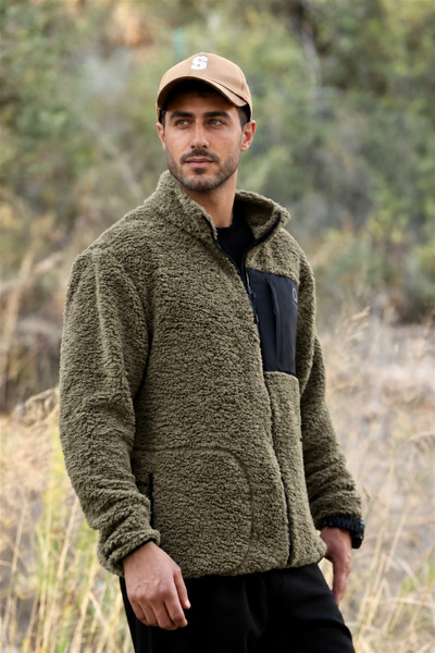 Quanlex Men's Khaki Lamb Welsoft Fleece Jacket with Stand Collar and Zipper, ...
