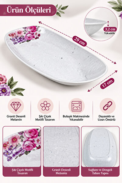 Binbirreyon 6 Adet Çiçek Motifli Granit Desenli Melamin Tabak 29cm Servis Tabağı RA675
