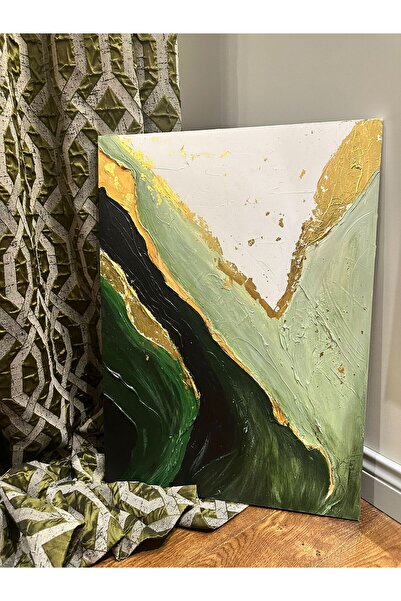 EMERALD FLOW SOYUT TABLO-YEŞİL,SİYAH VE GOLD DETAYLI KANVAS EL YAPIMI TABLO