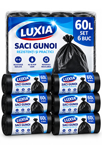 TelcoMag Σετ 6 σακουλών απορριμμάτων Luxia, εξαιρετικά ανθεκτικές, 60L - 10 τ...