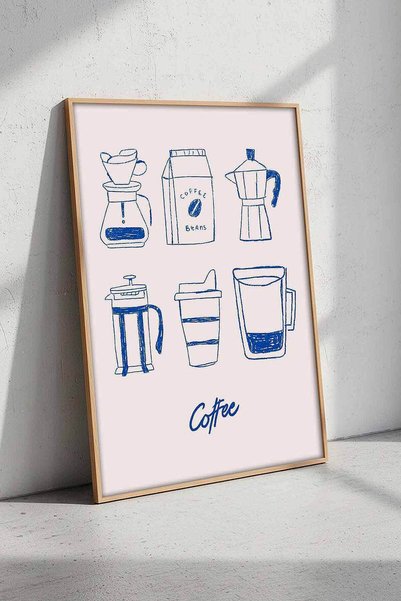 Modern Kahve Temalı Mavi İllüstrasyon Çerçeveli Tablo Mutfak Cafe Duvar Dekoru