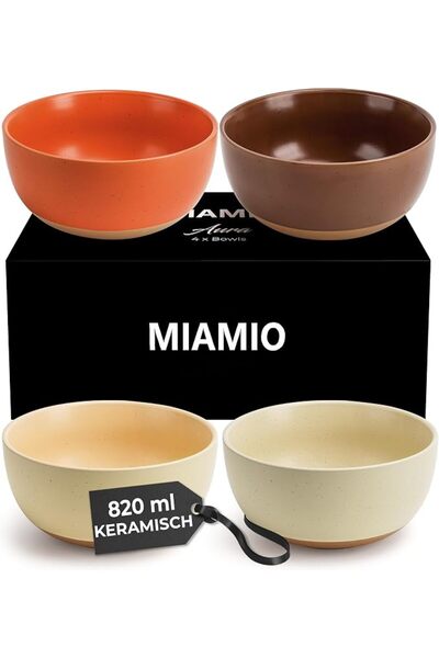 MIAMIO – Set of 4, 820 ml Ceramic Soup Bowls/Cereal Bowl Set for Salad, Oatme...