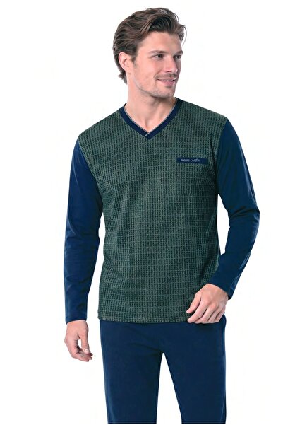 Pierre Cardin 6143 طقم بيجامة جاكار بأكمام طويلة وياقة على شكل حرف V للرجال -...