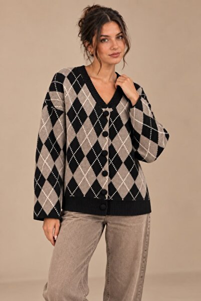 Arbucky Women's V-Neck Diamond Pattern Knitwear Cardigan