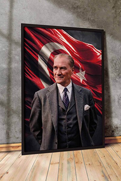 Türk Bayraklı Atatürk Portresi Çerçeveli İşyeri Hediye Tablo Ofis ve Salon Tablosu