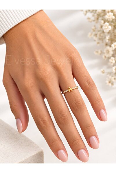 Elvessa Jewelry Kişiye Özel A Harfli Çelik, Taşlı Yüzük - Zarif Gold Renk