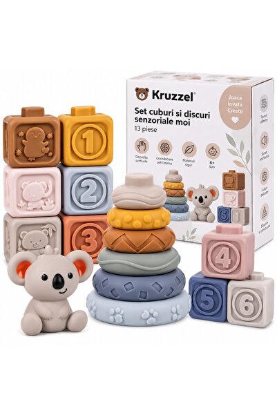 KRUZZEL Set de cuburi și discuri senzoriale moi, 13 piese, jucărie educativă ...