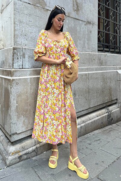 tuo picco Natural Viscose Waist Gathered Patterned Slit Long Yellow Dress