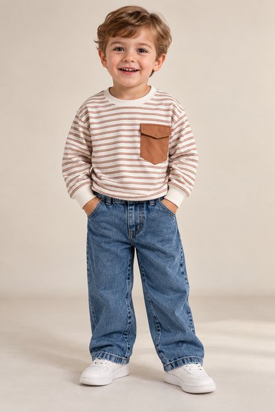 HELMİRA Children's Beige Striped Crew Neck Top and Cuffed Trousers Set with P...