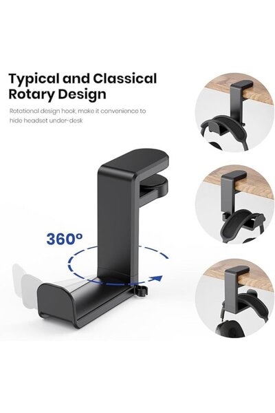 vienod Suport pentru căști, Prindere pe birou, Compact, Organizator de cabluri, Multifuncțional, Anti-alunecare, Rotație la 360 de grade pentru Gaming, Streaming, Birou, 52x 102x 115mm, Negru