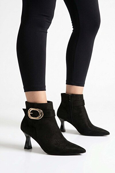 Preshley Women's Melodi Black Suede Buckle 7 cm Heeled Pointed Toe Zippered B...