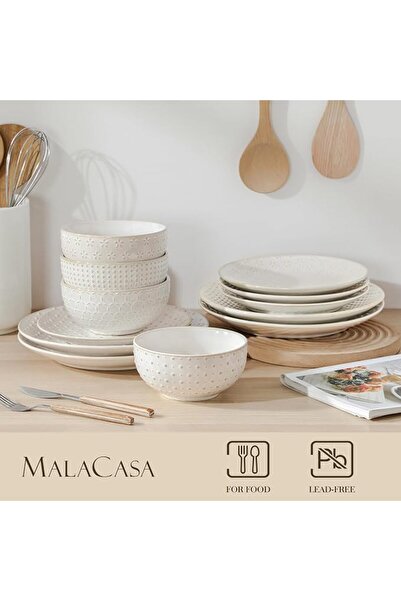 Malacasa LYDIA Beige Crockery Set for 4 People, 12-Piece Stoneware Plate Set, Modern Dinner Service