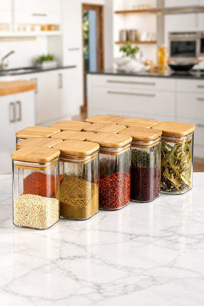 Karçiçeği Home 12'li 300ml Kare Bambu Kapaklı Premium Cam Kavanoz ve Baharatl...