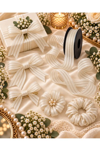 kubbe tekstil aksesuar Cream Striped Chiffon Ribbon 2.5 cm – 1 Roll 20 Meters Gift Wrapping, Flower Bouquet, Engagement Wedding and Decoration Ribbon