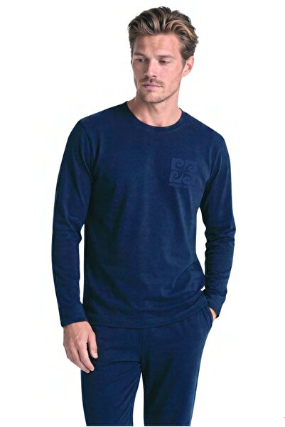 Pierre Cardin 6156 Men's Long Sleeve Crew Neck Pajama Set - Navy Blue