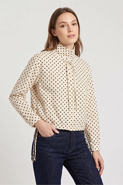 Saade Ecru Polka Dot High Collar Lace Detailed Women's Lined Gabardine Jacket