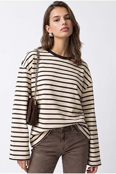 Mixray 2236 Çizgili Bisiklet Yaka Uzun Kol Oversize Sweatshirt Kahve