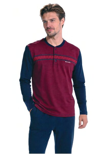 Pierre Cardin 6141 Men's Long Sleeve Buttoned Collar Jacquard Pajama Set-Burg...