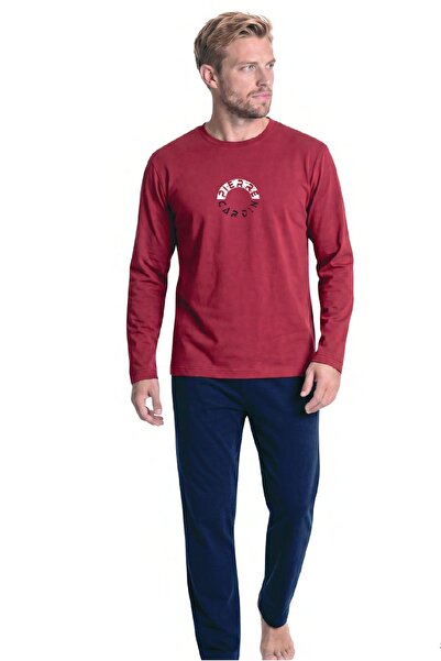 Pierre Cardin 6155 طقم بيجامة رجالي بأكمام طويلة وياقة دائرية - أحمر داكن