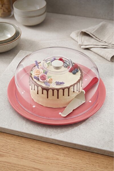 Tiesa Home Ceramic Cake Pan with Mica Lid and Pink Dot Pattern