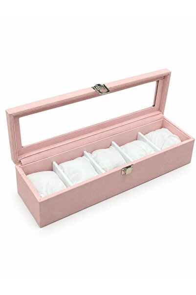 STAND MARKET Pink Alcantara Watch Box with Glass Cover and 5 Compartments