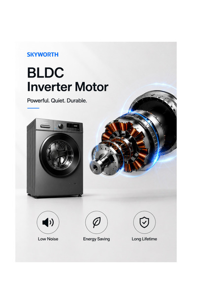 Skyworth F80231EBC0 - غسالة ملابس أوتوماتيكية بالكامل ذات تحميل أمامي، محرك BLDC إنفيرتر، 12 برنامج غسيل، شاشة LED، قفل أمان للأطفال، سعة 8 كجم - فضي