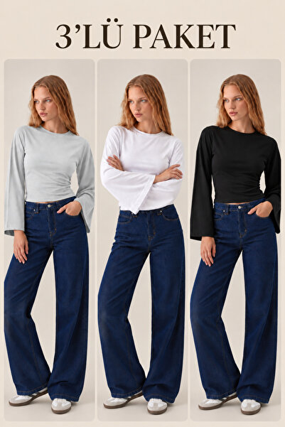 COMBİNE MİCHAİL Women's Long Bat Sleeve 3-Piece Crop Blouse