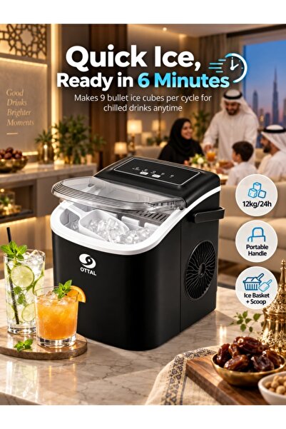 OTTAL صانع ثلج محمول للطاولة مع مقبض، 9 مكعبات ثلج في 6 دقائق، 12 كجم/24 ساعة...