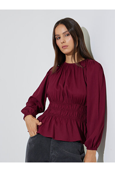 Styli Burgundy Solid Smocked Waist Long Sleeves Blouse