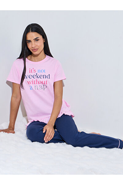 Styli Pink Slogan Print T-Shirt And Navy Blue Straight Leg Pants Pyjama Set