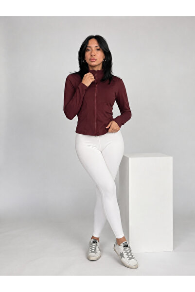 Miss Prova Burgundy Body-Fitting Zippered High-Neck Knitted Sports Jacket Mıs...