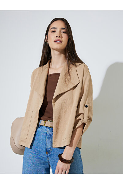 Styli Beige Solid Open Front Regular Fit Jacket