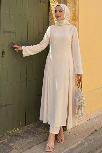 N.S NEVA STYLE Slit Detailed Plain Beige Hijab Tunic 52370Bej
