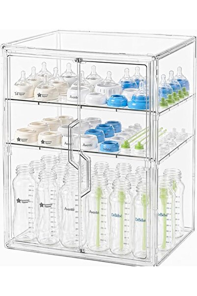 Hcosmy Baby Bottle Storage Organizer, 3-Tier Clear Plastic Station with Doubl...