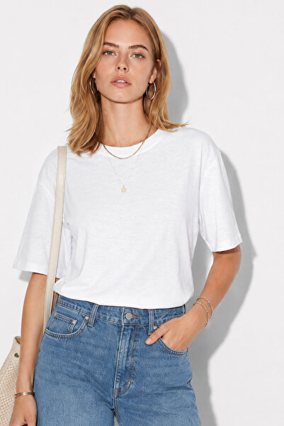 VENA Kadın Boyfriend Bisiklet Yaka Regular Fit Modal Tişört(TENCEL)(TM)-Beyaz