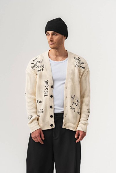 go gang own Script Patterned Steel Knitted Buttoned Knitwear Men's Cardigan