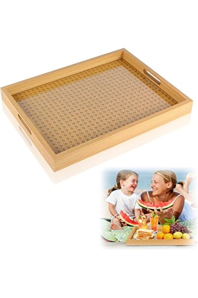 KASTWAVE Rattan Rectangular Service Trays, Leather Surface Tray Food Drinks T...