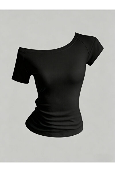 Take Two By Styli Black Short Sleeve Asymmetric Neck Top