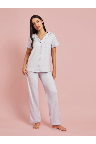 Styli Grey Contrast Trims Short Sleeves Shirt And Wide Leg Pants Pyjama Set